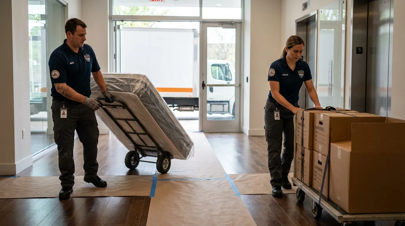 Professional apartment movers loading elevator in Heber Springs, AR