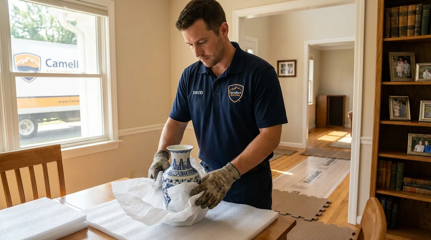 Professional crew carefully wrapping antique vase for senior downsizing move in Heber Springs, AR